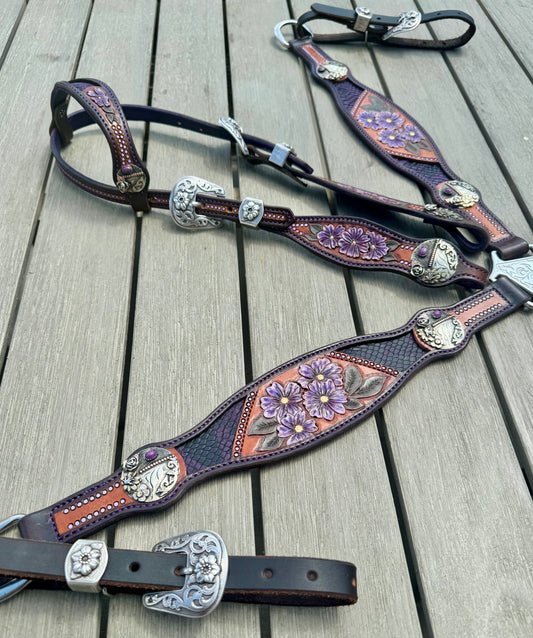 Leather Breast Collar Set - Chocolate w/ Purple Stitching and Backing. Rowdy Rose Conchos
