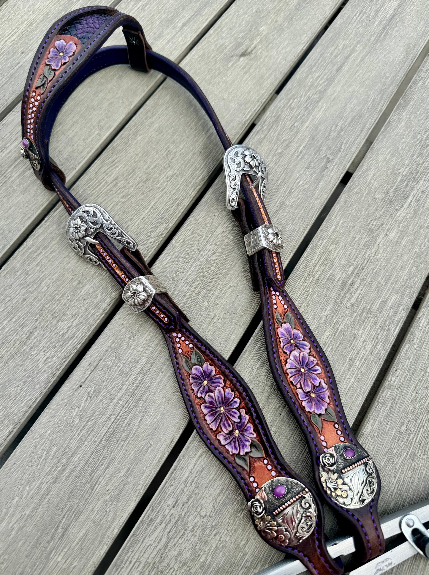 Leather Breast Collar Set - Chocolate w/ Purple Stitching and Backing. Rowdy Rose Conchos