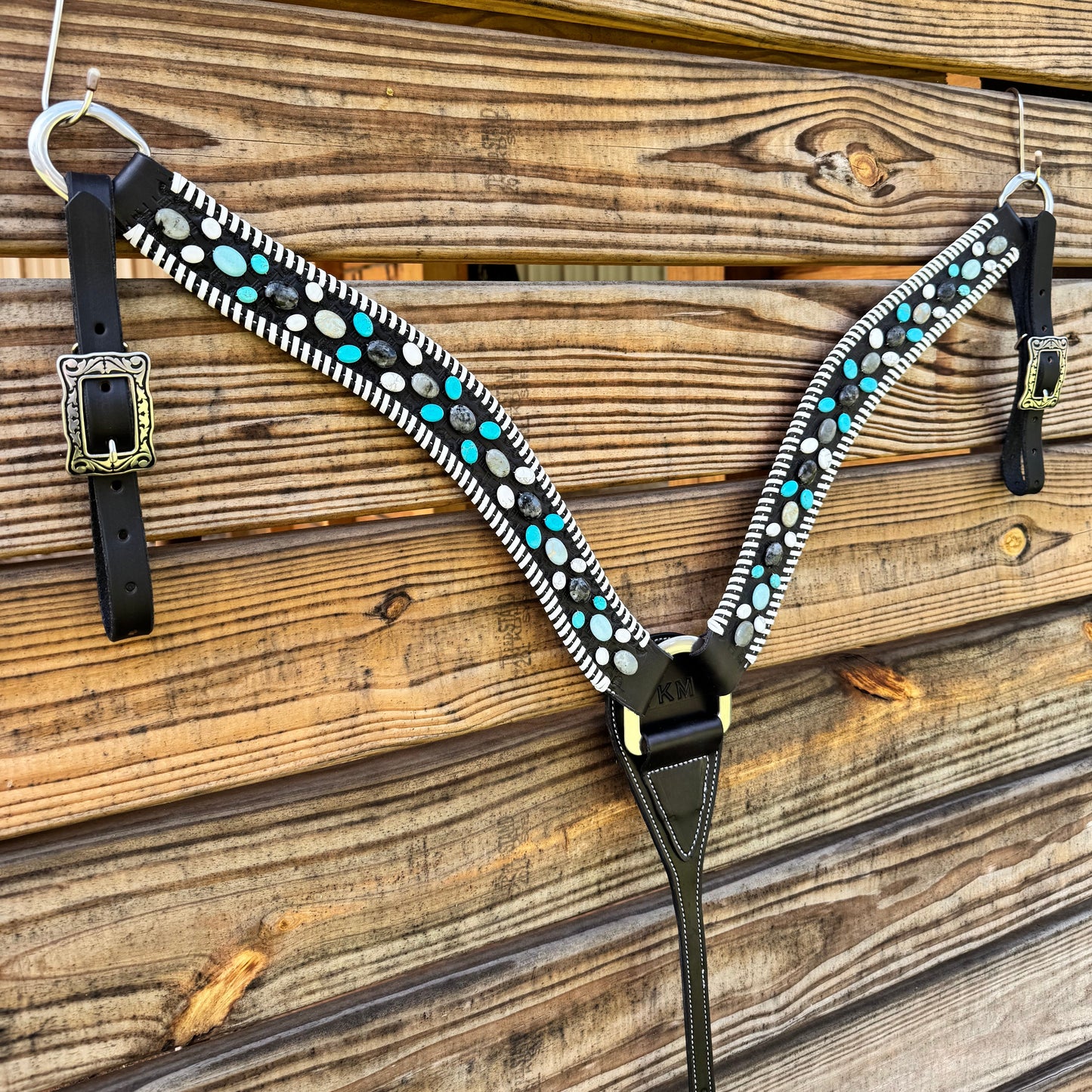 Leather Stone Breast Collar - Black Leather w/ White Lacing