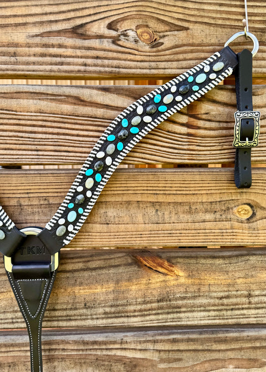 Leather Stone Breast Collar - Black Leather w/ White Lacing