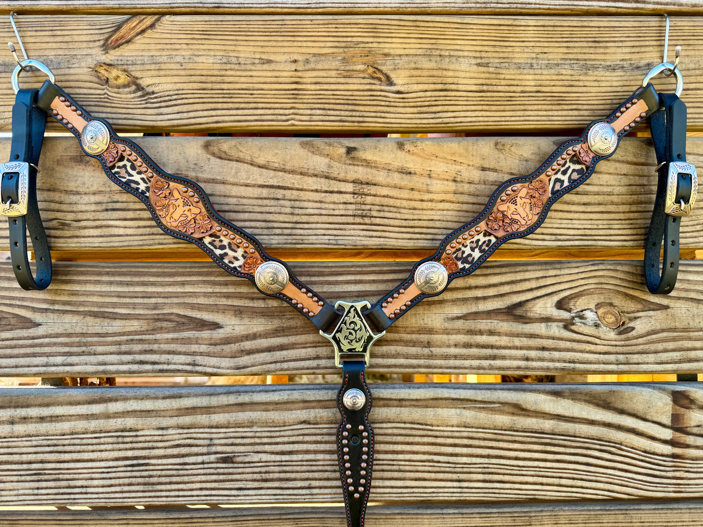 Leather Breast Collar Set - Chocolate w/ Red Stitching & Backing & Leopard