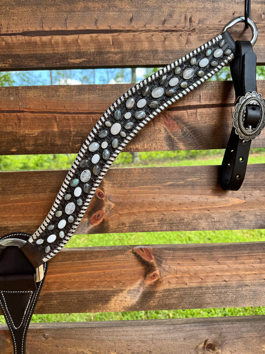 Leather Stone Breast Collar - Chocolate Leather w/ Silver Whipstitch