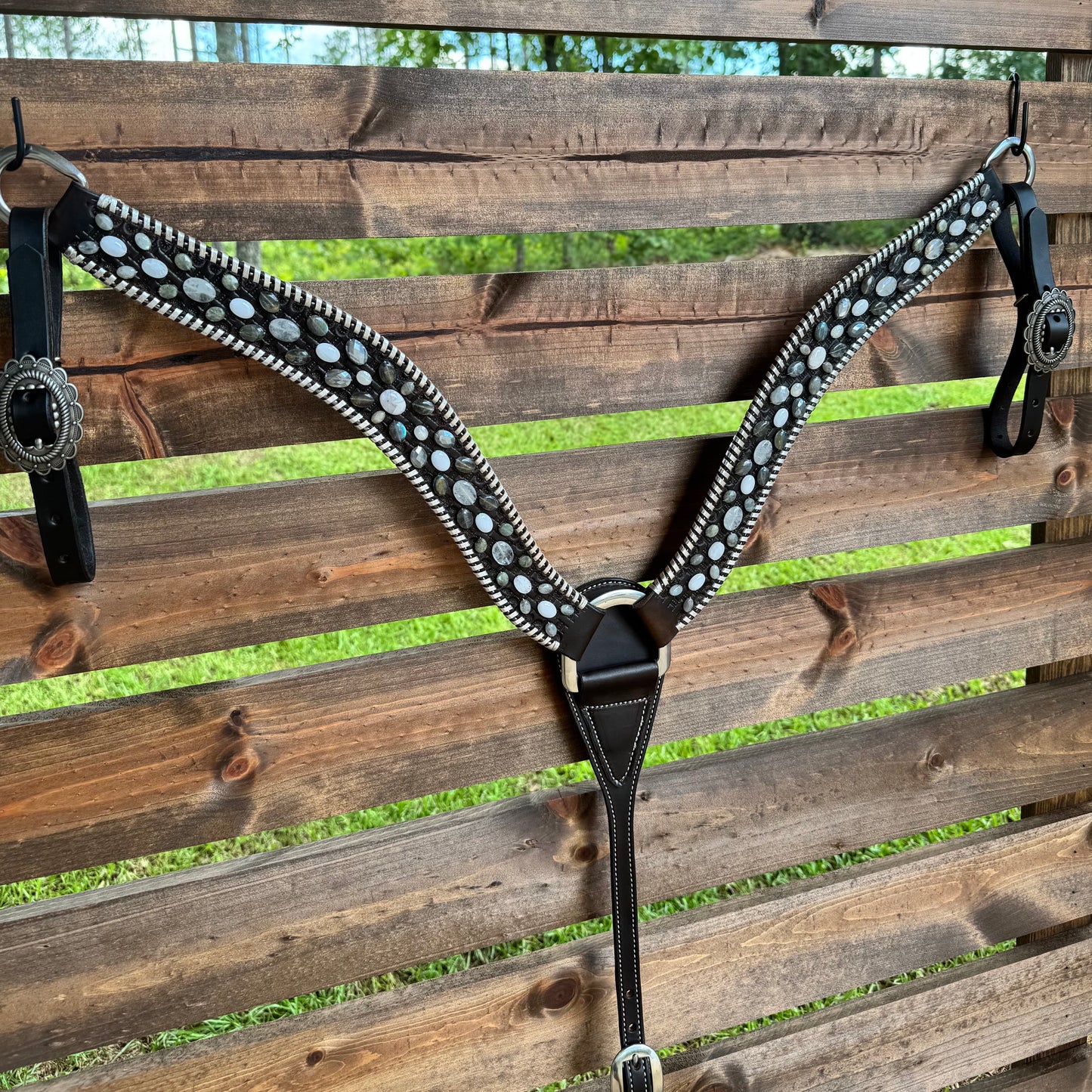 Leather Stone Breast Collar - Chocolate Leather w/ Silver Whipstitch