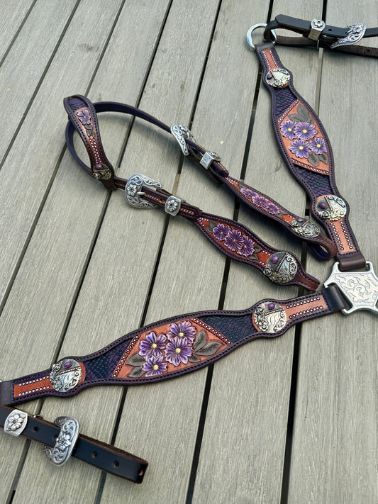 Leather Breast Collar Set - Chocolate w/ Purple Stitching and Backing. Rowdy Rose Conchos
