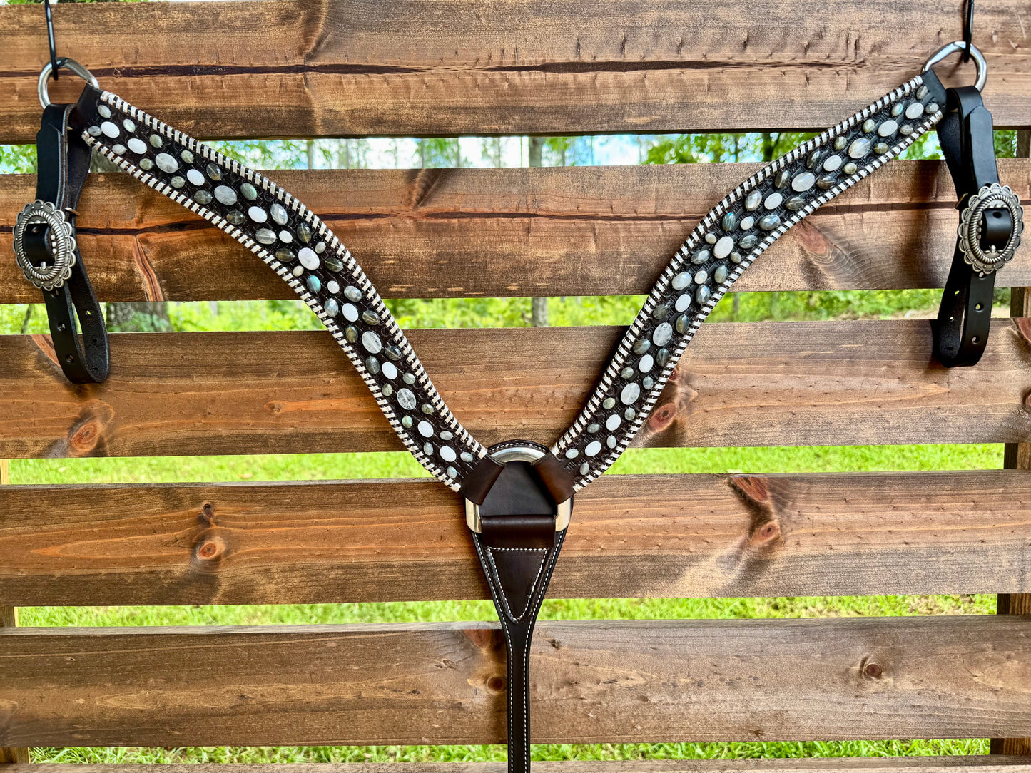 Leather Stone Breast Collar - Chocolate Leather w/ Silver Whipstitch