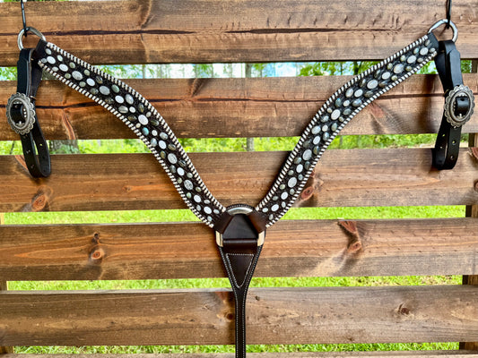 Leather Stone Breast Collar - Chocolate Leather w/ Silver Whipstitch