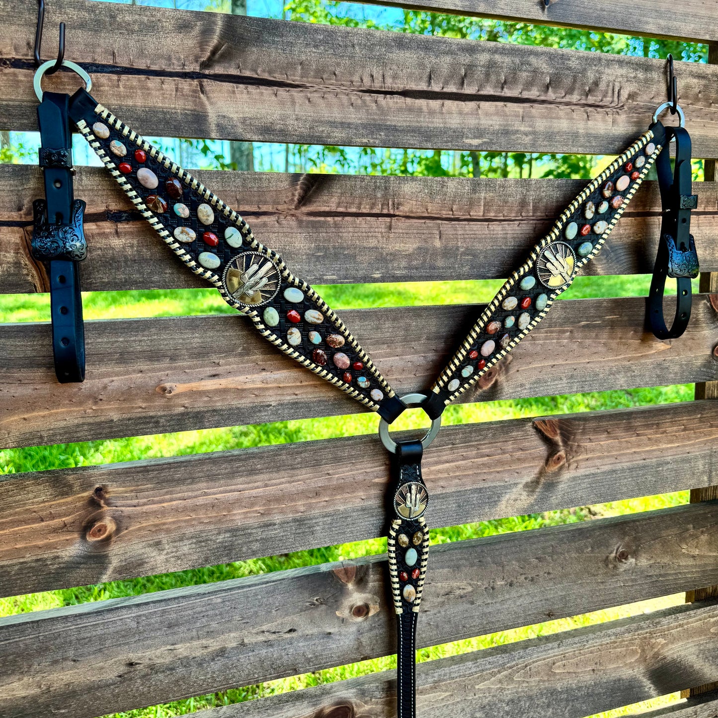 Leather Stone Breast Collar - Chocolate Leather w/ Gold Whipstitch.