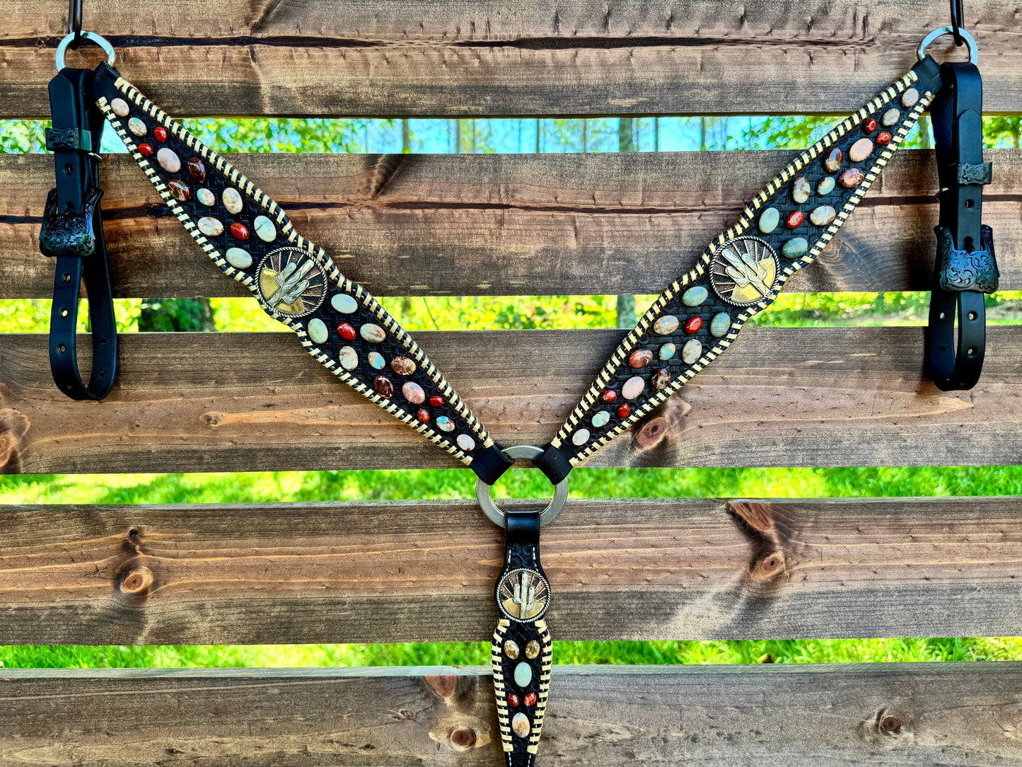 Leather Stone Breast Collar - Chocolate Leather w/ Gold Whipstitch.