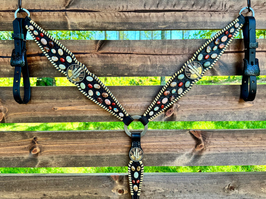 Leather Stone Breast Collar - Chocolate Leather w/ Gold Whipstitch.