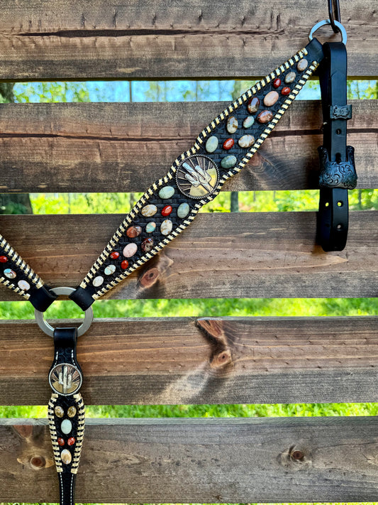 Leather Stone Breast Collar - Chocolate Leather w/ Gold Whipstitch.