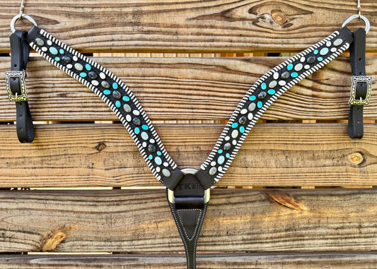 Leather Stone Breast Collar - Black Leather w/ White Lacing