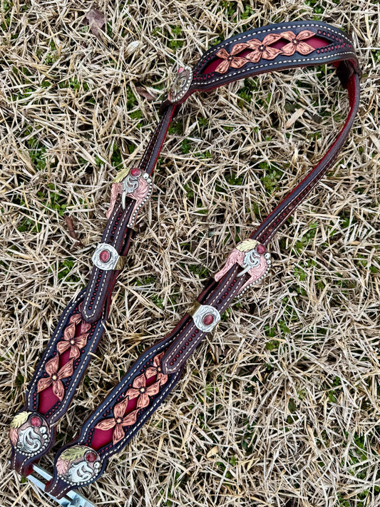 Leather Headstall - Chocolate w/ White Stitching & Red Backing [Posh Ponies Hardware]