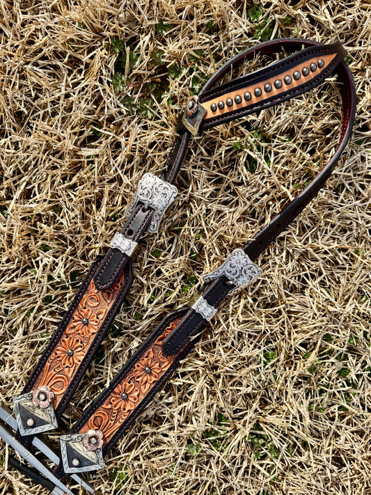 Leather Headstall - Black w/ Maroon Stitching and Backing [Rowdy Rose Conchos]