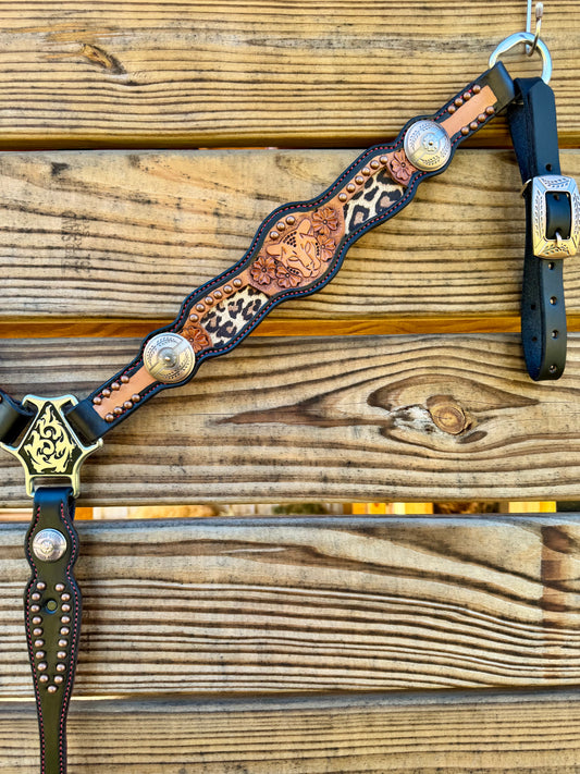 Leather Breast Collar Set - Chocolate w/ Red Stitching & Backing & Leopard