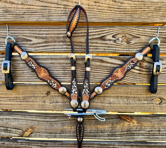 Leather Breast Collar Set - Chocolate w/ Red Stitching & Backing & Leopard